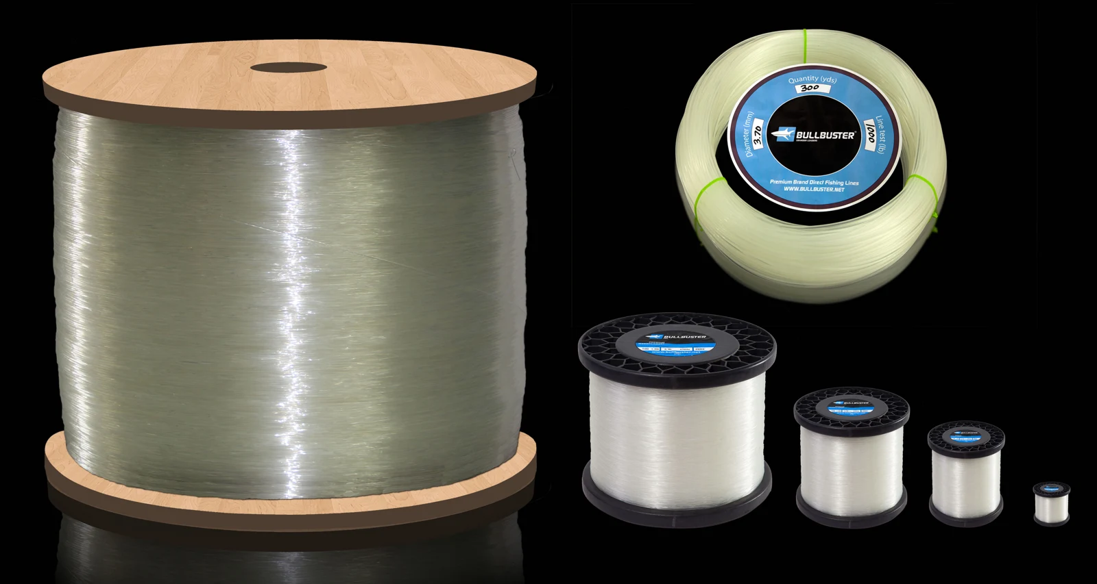Several spools of clear fishing line in different sizes.