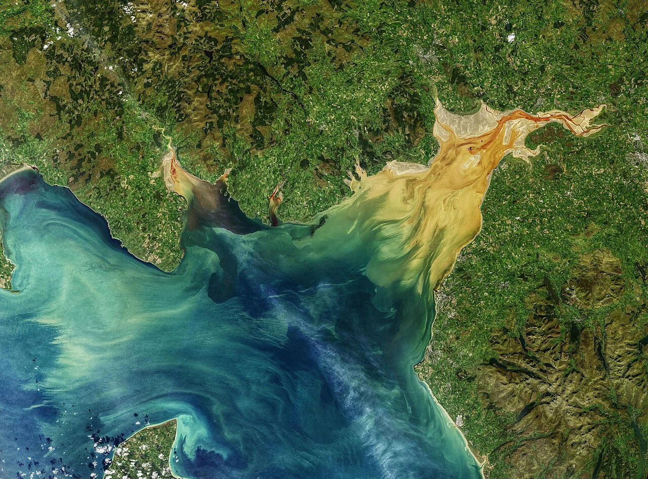 Landsat satellite view of tidal sediment plumes in Solway Firth between Scotland and England.